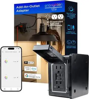 Enbrighten Vibe Add-an-Outlet Light Adapter, Smart Outdoor Outlet with Two GFCI Outlets for Porch Lights, Security Cameras, Direct Wire, Compatible with Alexa, Google Assistant, Black, 80753