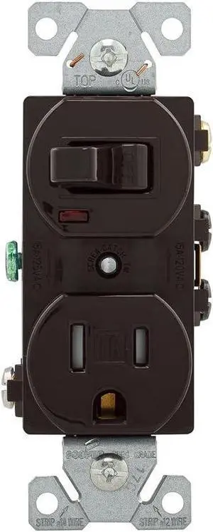 EATON TR274B Arrow Hart Tr274 Duplex Combination Switch/Receptacle, 2 P, 3 Wire, 15 A, 120 V , Brown