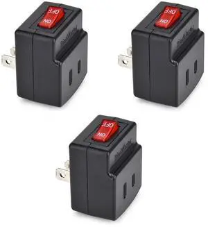 2 Prong Single Port Power Adapter for Outlet with Red Light Indicator On/Off Switch to be Energy Saving, Black {3 Pack}