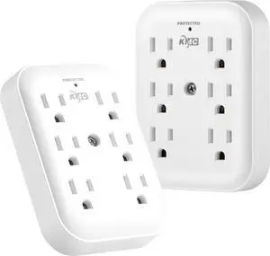 KMC Surge Tap 6-Outlet Wall Plug Extender 2-Pack, 840J Surge Protector Outlet, Wall Outlet Extender, Multi Plug Outlet Splitter, Multiple Plug Outlet Adapter, ETL/UL Certified, White