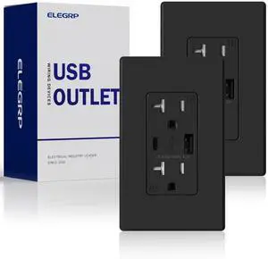 ELEGRP USB Charger Wall Outlet, Type A & C USB Ports, 20 Amp Tamper Resistant Receptacle Plug, Wall Plate Included, UL Listed (2 Pack, Matte Black)