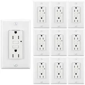 LEOD 15Amp TR&WR GFCI Outlet, 125 Volt Tamper Resistant & Weather Resistant Receptacle with Blue LED Indicator, 20 Pcs Wall Plate and Screws Included, White, ETL Listed (10 Pack)