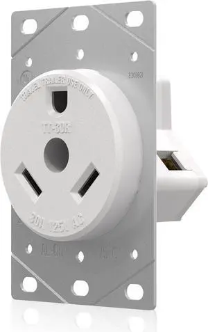 AIDA NEMA TT-30R 30 Amp 125 Volts 3 Prong Grounded Flush Mount Power RV Trailer Outlet Receptacle for Campers, RV, Travel Trailers, Motorhome, Adapters, UL Listed, White