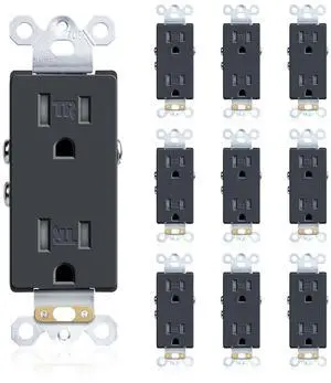 15A Decorative Electrical Outlet, Standard Residential Grade Duplex Receptacle, Tamper-Resistant, 2 Pole 3 Wire, Self-Grounding, Child Proof, Commercial Use, UL Listed, Black, 10 Pack