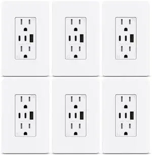 ThunderWay USB Outlet Receptacle- 3-Port USB C Wall Outlet, 30W 6.0A USB Electrical Outlet, 15 Amp Tamper-Resistant Outlet with USB C Ports, ETL Listed, Screwless Wall Plate Included, 6 Pack, White