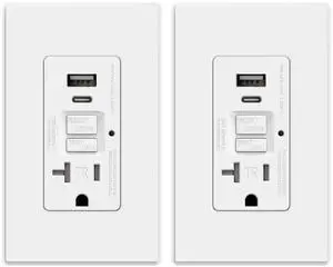 ELEGRP GFCI Outlet with USB Ports, 20 Amp Self-Test GFCI Combination with USB Ports, 24W Max Total Output, Tamper Resistant GFCI USB Outlet with Wall Plate, UL Listed, Matte White, 2 Pack
