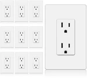 BESTTEN Decorator Receptacle Outlet with Mid-Size Screwless Wallplate, 15 Amp Standard Electrical Wall Outlet, Tamper Resistant, Commercial and Residential Use, UL Listed, 10 Pack, White