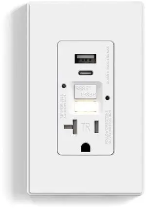 ELEGRP GFCI Outlet with USB Ports and Nightlight, 20 Amp Self-Test GFCI Combination with USB Ports, Tamper Resistant GFCI USB Outlet w/Nightlight, Wall Plate Included, UL Listed, Matte White, 1 Pack