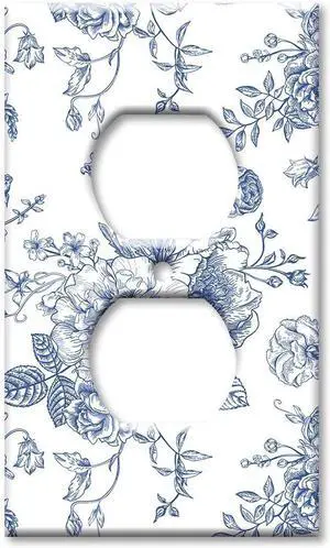 Art Plates - Decorative One Gang Duplex Cover Plate - Wall Plate - 1 Gang Duplex Outlet Cover - Blue Flower Line Art - (Made in USA)