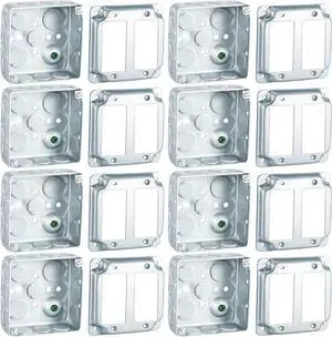 16 Pcs 8 Set 4 × 4" Electrical Junction Box with Cover Electrical Metal Outlet Box, 21.0 Cu. in. Capacity Receptacle Exposed Work Cover, 1-1/2'' Deep(2 Gfci)
