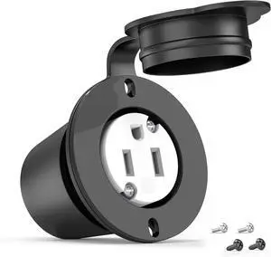 Flanged Outlet NEMA 5-15R - 110V/120V, 15 Amps Single Round Female Plug Receptacle, Weather Resistant, Flush Mount Inlet for RV, Camper, Marine, Truck Bed, Golf Cart, Indoor/Outdoor Use, UL Listed