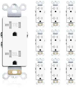 10 Pack 20A Decorator Wall Receptacle Outlet, Residential and Commercial Use, Tamper-Resistant Standard Receptacle, 2 Pole 3 Wire, Self-Grounding, Child Proof, UL Listed, White,