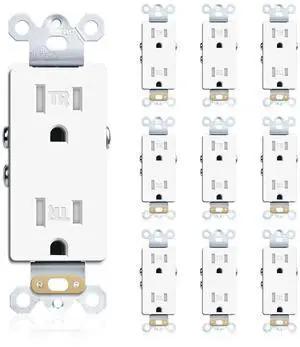 Duplex Receptacle Electrical Outlet, 15A Standard Residential Grade Tamper-Resistant, 2 Pole 3 Wire, Self-Grounding, Child Proof, Commercial Use, UL Listed, White, 10 Pack