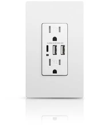 USB Outlet, 6.0A Wall Outlet Receptacle, 15Amp Charging Power Outlet with USB Ports, 3-Port Type C 3.6A 30W Wall Outlet, Compatible with iPhone 16 Series & More, UL Listed, White