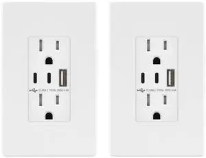 TOPGREENER 5.0A USB Outlet with 15Amp Duplex Tamper-Resistant Receptacles, USB Type-A, 2 USB Type-C, USB Outlets Receptacles, TU2155AC2-WSID2P, White, Screwless Wall Plate Included, 2 Pack