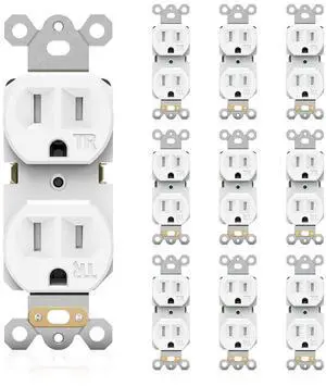 Wall Outlet Receptacle White, Tamper-Resistant Electrical Duplex Outlets, 15A Decorative Residential Grade, Outlet Extender 2-Pole 3-Wire, Self-Grounding, Child Safe, UL Listed, 10 Pack