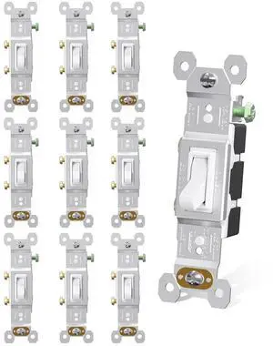 AIDA Light Switch Single Pole Toggle Light Switch,15 Amp,120 Volt, White Toggle Switch Quiet Switch, Wall Switch,Self-Grounding, Residential Grade, UL (10 Pack, Glossy White)