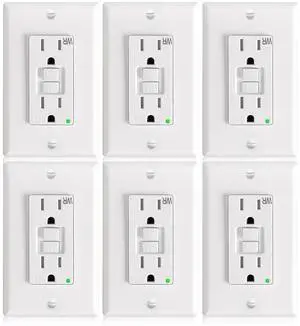 Amico 6 Pack GFCI Outlet 15 Amp with Thinner Design, Weather Resistant (WR), Self-Test GFI Receptacles with LED Indicator, Wall Plates and Screws Included, Indoor or Outdoor, ETL Listed, White