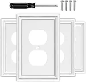 White Decorative Outlet Covers Wall Plates, Natural Material Electric Receptacle Cover Switch Plate Outlet Cover - Modern Style (1 Gang Single Duplex 4 Pack)