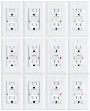 12 Pack GFCI Outlet 15 Amp GFI Electrical Outlet Outdoor Weather Proof (WR) Tamper Resistant(TR) Self-Test GFI Receptacles with LED Indicator Decoration Wall Plates White