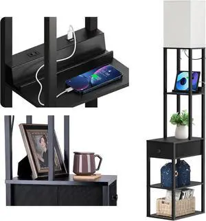 addlon Floor lamp with 2 USB, 1 Outlet and Drawer, 3 Color Temperatures LED Bulb (9W), Sofa lamp with White lampshade, Display Floor lamp with Shelves for Living Room, Bedroom and Office - Black