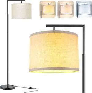 ROTTOGOON Floor Lamp for Living Room with 3-Color Temperature 9W LED Bulb, Modern Standing Lamp with Linen Beige Shade & Foot Switch, Tall Pole Lamp for Bedroom, Study Room, Office, Kids Room (Black)
