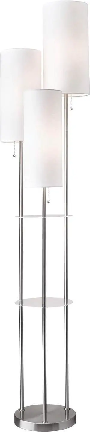 Adesso Trio Floor Lamp with Three Pull Chain Lights and Two-Tier Storage, Brushed Steel Base, White Linen Shades, 68 Tall, Enhances Room Decor and Lighting