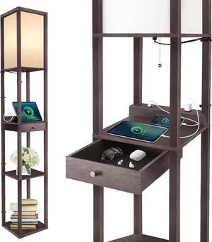 OUTON Deluxe Shelf Floor Lamp with 1 Drawer, 2 USB-C Ports, 2 AC Outlets, LED Modern Floor Lamp with 3 Color Temperature, Storage Display Wood Standing Lamp for Living Room, Bedroom, Office (Walnut)