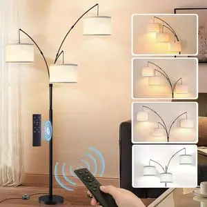Arc Floor Lamp for Living Room with Remote Control, Dimmable Modern Mid Century 3 Lights Arched Tall Floor Lamp, Adjustable Standing Corner Lamp for Living Room Bedroom Office, Beige Lampshad (Black)