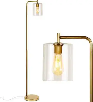 Brightech Elizabeth LED Floor lamp, Tall Lamp with Glass Shade & Edison Bulb, Industrial Lamp for Living Rooms & Offices, Vintage Standing Lamp for Bedroom in Farmhouse or Rustic Style - Gold