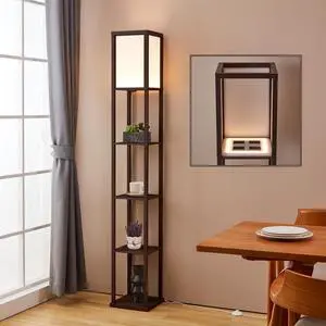 ATAMIN Dimmable LED Floor Lamp with Shelves  Modern Standing Lamp with Foot Switch, 3-Way Brightness Control, UV Coated Wood 72" Alvin for Living Room or Bedroom