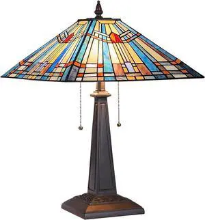 Tiffany Table Lamp 16" Wide Handmade Stained Glass Lamp Shade 2 Light Blue Mission Style Vintage Table Lamp for Living Room Bedroom