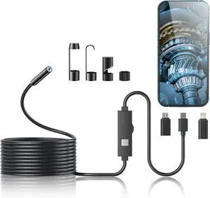 Endoscope Camera with Light,1920P HD Borescope Tools with 8 Adjustable LED Lights, Endoscope with Semi-Rigid Snake Camera, Inspection Borescope for iOS and Android-16.4ft Single Lens