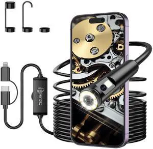 Dual Lens Endoscope Camera with Light, 1920P HD Borescope with 8 Adjustable LED Lights, Borescope with 16.4ft Semi-Rigid Snake Camera with Light, 7.9mm IP67 Waterproof Endoscope for iOS and Android