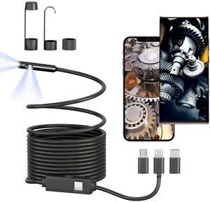 Dual Lens Borescope, Endoscope Camera with Light for iPhone, iPad, Android, 1920P IP67 Waterproof,16.5FT Semi-Rigid Snake Camera,9 Adjustable Lights,Cool Gadgets for Men
