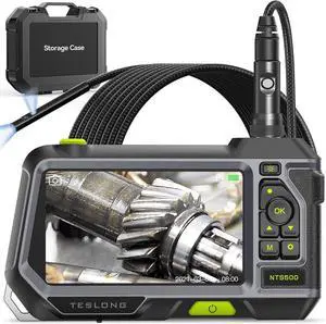 Dual Lens Endoscope with 5" Monitor, Teslong NTS500 Industrial Waterproof Borescope Inspection Camera with 0.21in Front & Side-View Double Lens with 9.8FT Probe, 5-Inch IPS LCD Screen & Case