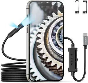 Dual Lens Endoscope with Light, Teslong USB-C Borescope Inspection Camera with 8+1 LED Lights, Flexible Waterproof Fiber Optic Snake Camera Scope Compatible with iPhone 15, Android Phone(10FT)