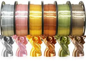 MIKA3D 6 Spools 1.75mm Silk PLA 3D Printer Filament Bundle, 6 Metallic Shiny Colors: Gold/Silver/Copper/Bronze/Coffee Gold/Rosegold, Each Spool 250g X 6 Spools, Total 1.5Kg 3D Printer Material