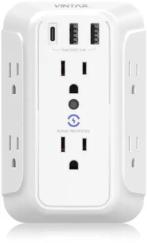Wall Charger, Surge Protector, 6 Outlet Extender with 3 USB Charging Ports (1 USB C, 3.4A) 900J Wall Mount Power Strip Multi Plug Outlets for Home Travel Office ETL Listed