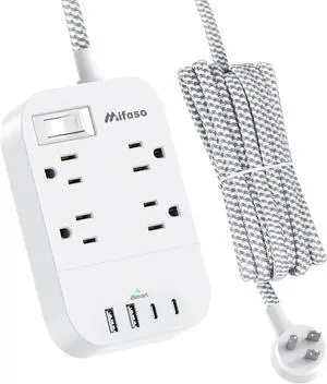 Power Strip Long Extension Cord - 10Ft Braided Extension Cord with Flat Plug, 4 Outlets and 3 USB Charging Ports, Overload Protection and Wall Mount for Home, Office