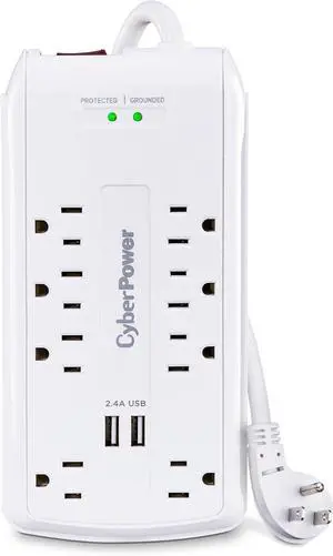 CyberPower CSP806U Professional Surge Protector, 3000J/125V, 15A, 8 Outlets, 2 USB Charging Ports, 6 Foot Cord, White