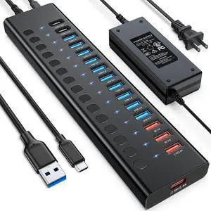 Powered USB Hub 16-Port USB 3.0 Hub (10 USB-A 3.0+2 QC 24W Fast Charging+2 Smart Charging+2 USB-C 3.0 Ports) 12V/8A 96W UL Certified Power Adapter for PC Laptop HDD Flash Drive (16-Port) Powered USB Hub 16-Port USB 3.0 Hub (10 USB-A 3.0+2 QC 24W Fast Charging+2 Smart Charging+2 USB-C 3.0 Ports) 12V/8A 96W UL Certified Power Adapter for PC Laptop HDD Flash Drive (16-Port)