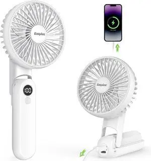 EasyAcc Portable Hand Held Fan, Ultra Quiet 5 Speed Personal Fan, LED Dispay USB C Rechargeable Handheld Fan, 180° Foldable Small Desk Fan, Electric Cooling Fan&PowerBank for Office Home Travel