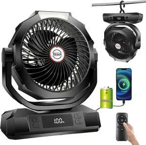 Camping Fan with LED Lantern,40000mAh Rechargeable Battery Operated Portable Personal Fan with Remote, 6 Speeds/Timer/Auto Oscillation/Digital Display USB Table Fan (Black)