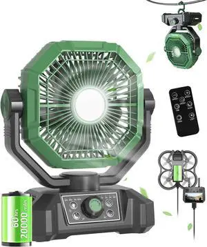 20000mAh Portable Camping Fan with Lights, Rechargeable Battery Operated Fan, Battery Powered Outdoor Beach Tent with 3 Speeds & Hook, Personal USB Table for Travel Camping Tent