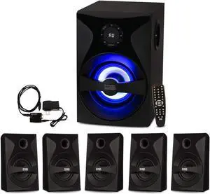Goldwood Bluetooth 5.1 Surround Sound Home Theater Speaker System with LED Display, FM Tuner, USB/SD Inputs - 6-Piece Set with Remote Control, Black