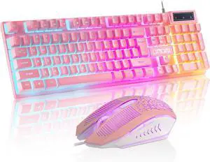 CHONCHOW Pink Gaming Keyboard and Mouse Combo with led, 104 Keys Wired Light Up Keyboard and Colorful Mouse for PC Laptop Computer PS4 Xbox, 19 Keys Anti-Ghosting, Multimedia Keys, Number Pad