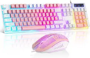 CHONCHOW Cute Pink Gaming Keyboard and Mouse Combo for Girl, 3 Color Backlit, 19 Keys Anti-ghosting with Kawaii RGB Light Up Mouse for PC Laptop Mac Computer PS4 and PS5, Women Girl - White & Pink