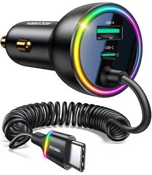 Rocoren 70W Car Charger for iPhone 16/15 Pro Max, USB C Car Charger Fast Charging with 5.2Ft Type C Coiled Cable, Super Fast USBC Phone Cigarette Lighter Adapter for 17 iPhone 16e,iPad,Samsung,Android