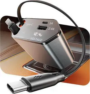 GUSGU 100W Retractable Car Charger, 4-in-1 Fast Car Phone Charger Featuring a 2.6ft Retractable Cord, with Lightning and USB-C Cable Car Charger Adapters, Compatible All Other Phone Models (Silver)